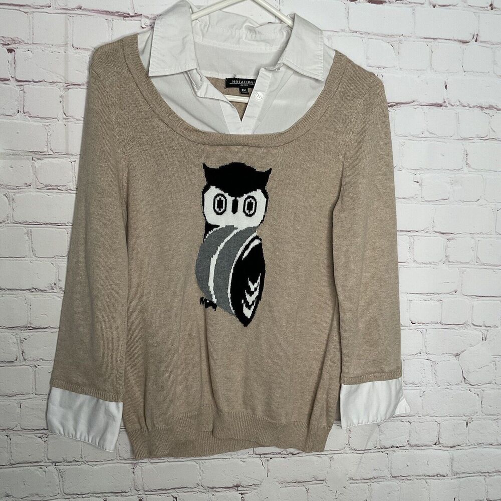 Notations‎ Sweater Women’s MP Knit Beige Faux Collar Cuff Owl Knit Pullover